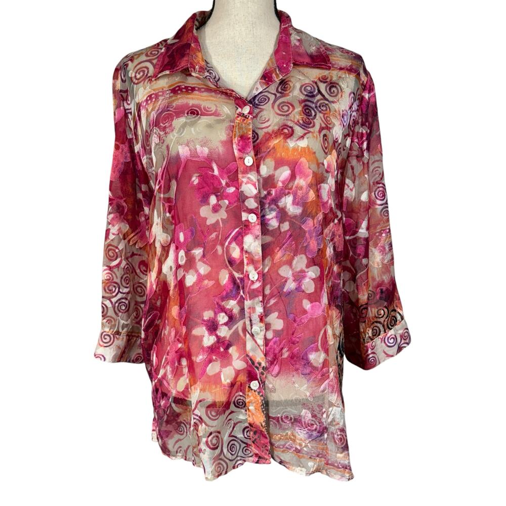 Additions by Chico’s SZ 3 (X-Large) Top Floral Button-Up Semi-Sheer 3/4 Sleeves